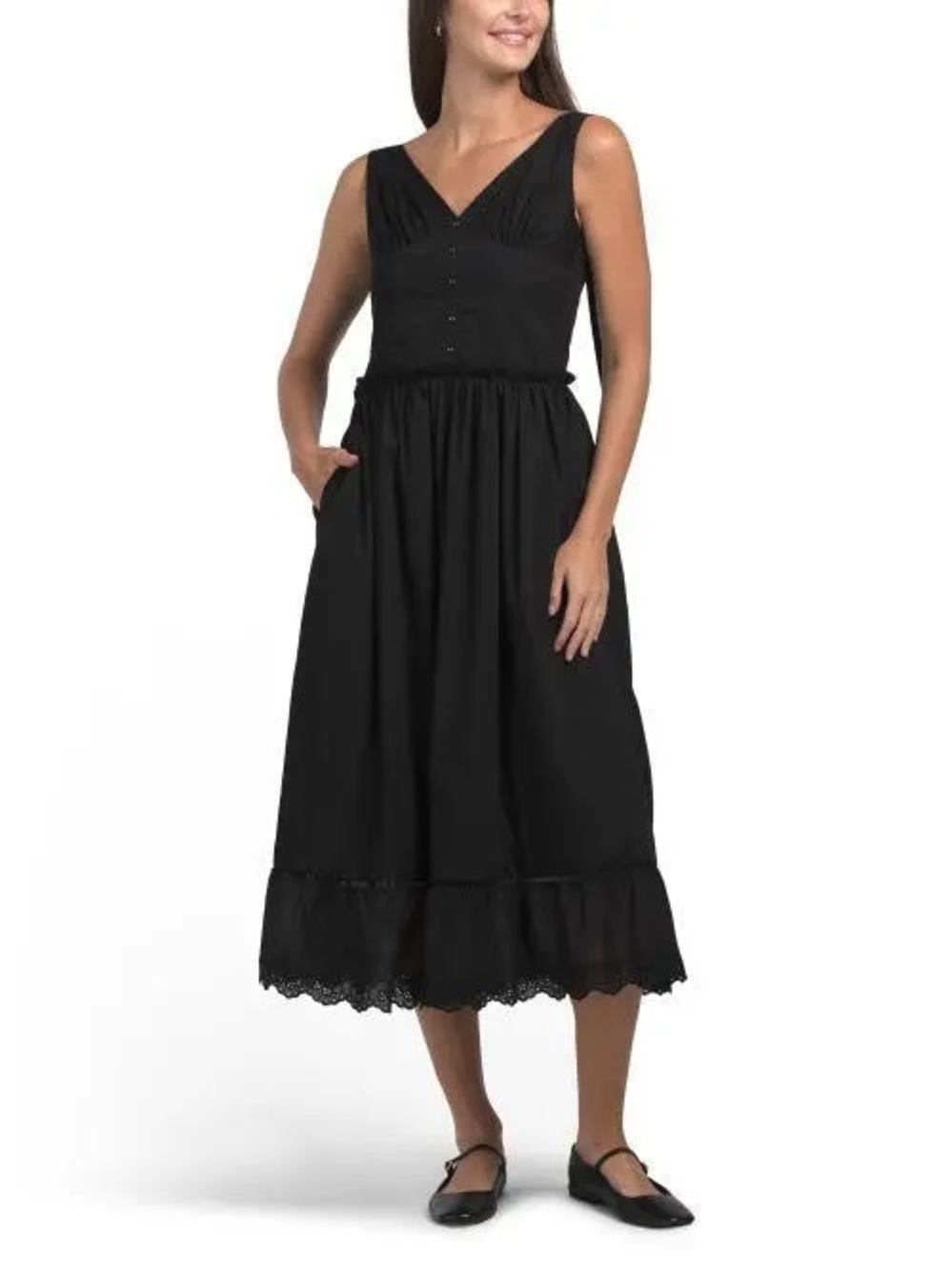 Cotton Jacqui E Black Sleeveless V-Neck Midi Dress with Lace Trim
